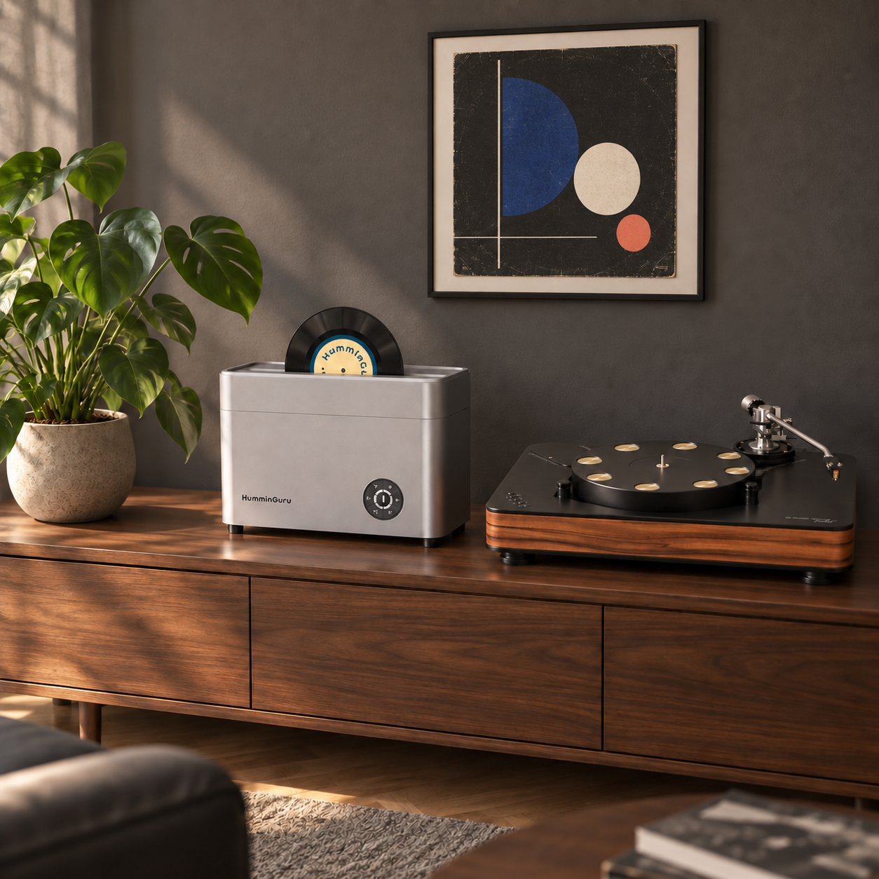 HumminGuru NOVA und Dr. Feickert Firebird auf einem Sideboard im Hörraum
